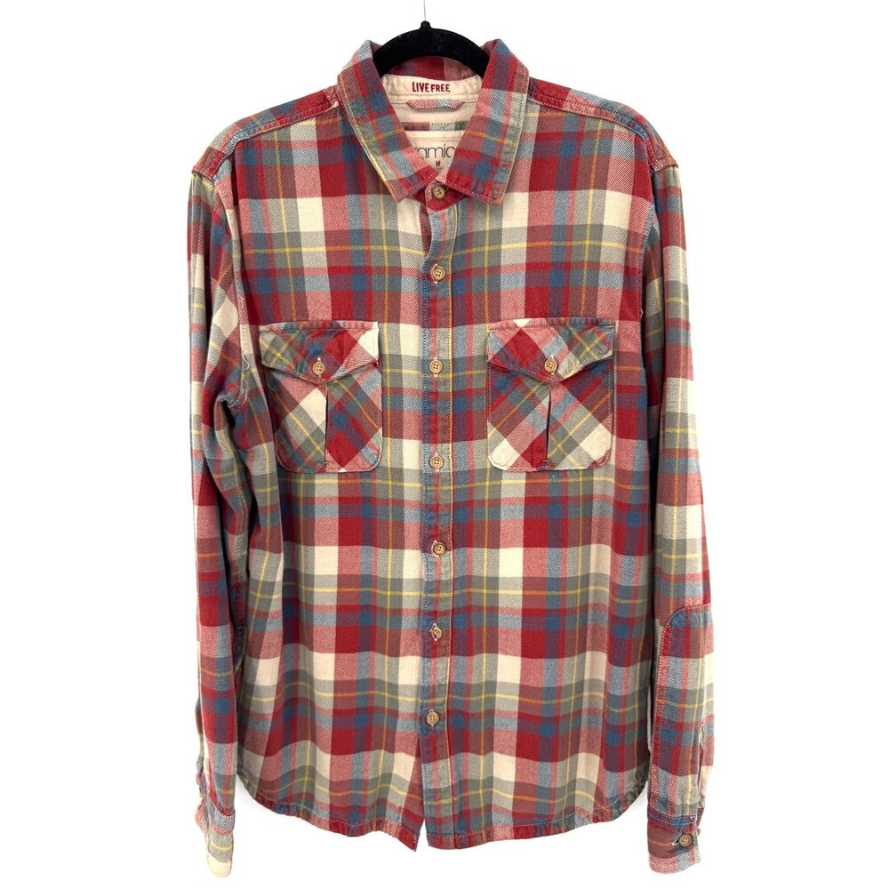 GRAMICCI Red Beige Green Long Sleeve Plaid Flannel Button Down Shirt Size Medium